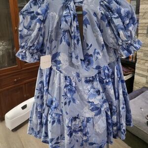 Women's Blue Floral Tiered Dress with Puff Sleeves